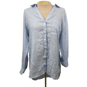 Sigrid Olsen Blue 100% Linen Long Sleeve V Neck Button Front Shirt Women's L